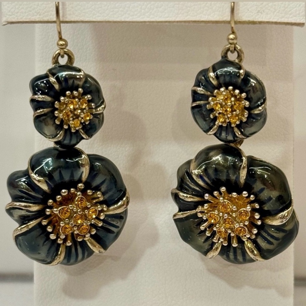🌼 J.Crew Double Floral Drop Gold Tone Earrings – Dark Blue-Green Enamel 🌼